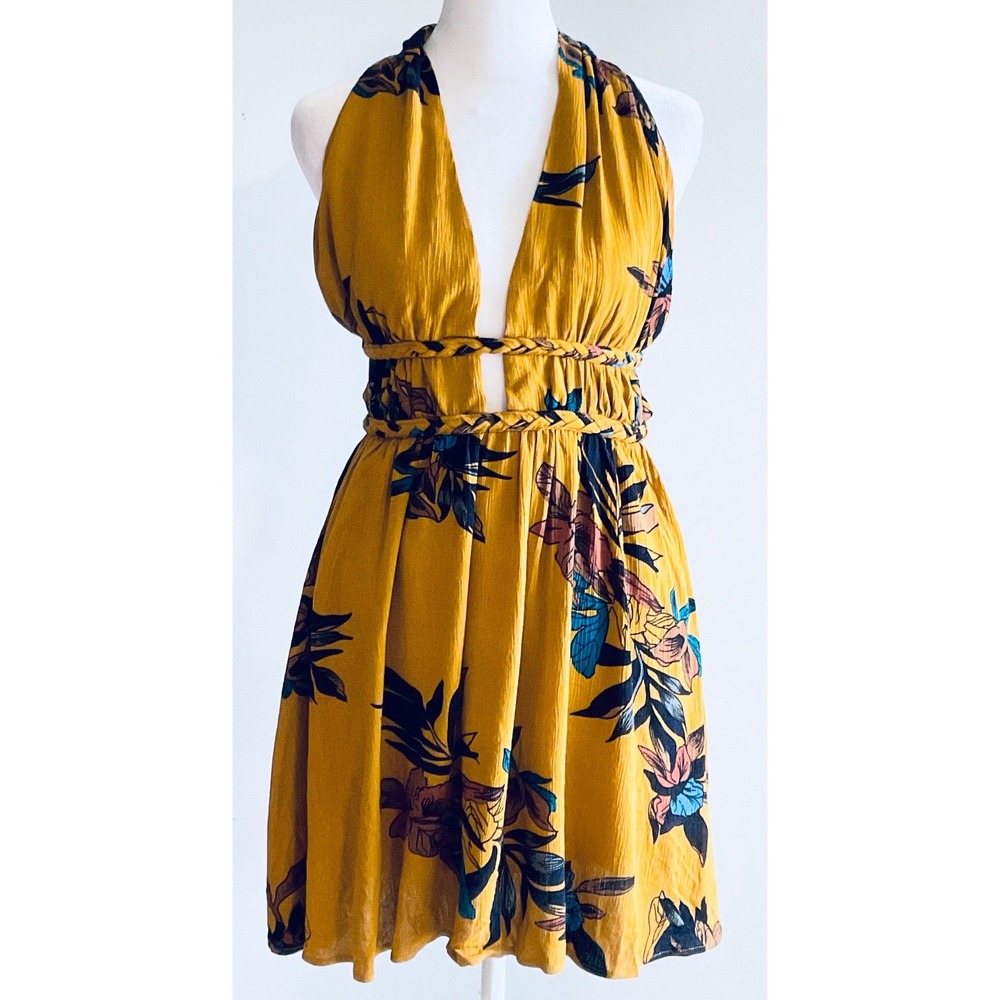 MOD on TREND womens golden yellow floral Japanese Halter Dress BoHo mini Rayon S